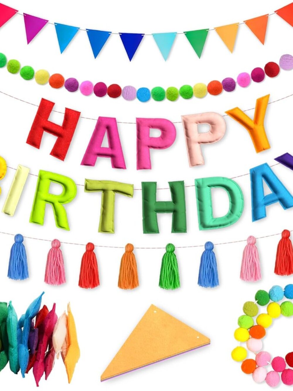 4PCS Pre-Strung Happy Birthday Banner - Felt Happy Birthday Garland, Ball Garlan
